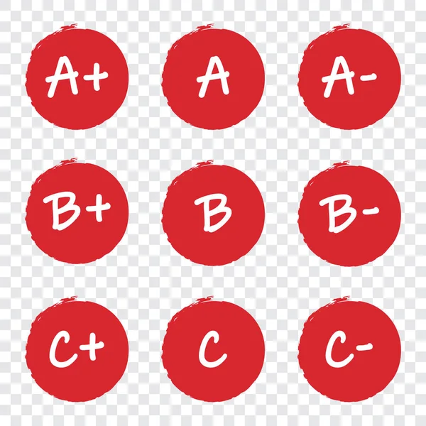 Conjunto de círculos rojos de resultado de grado sobre un fondo transparente — Archivo Imágenes Vectoriales