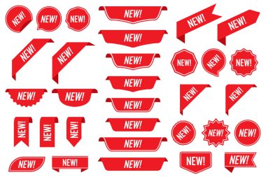 Beyaz arka plan üzerinde yalıtılmış kırmızı yeni etiketler kümesi. Vektör çizimi