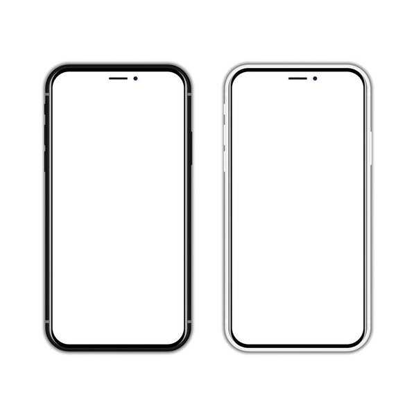 Black and white new smartphone with blank screen on a white background with shadow