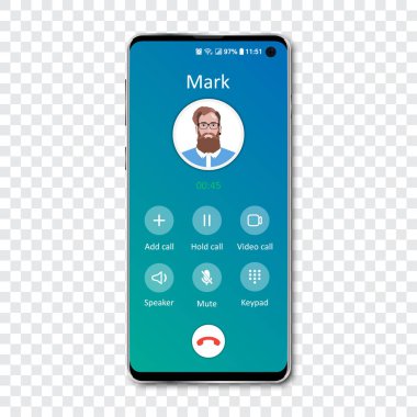 Şeffaf bir arka planda akıllı telefon arama uygulama arayüzü şablonu. Gelen çağrı konsepti. Vektör illüstrasyonu