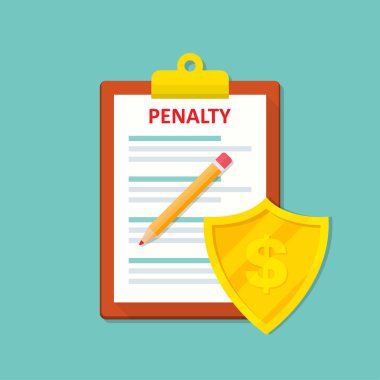 Penalty document icon with shield in a flat design. Vector illustration clipart