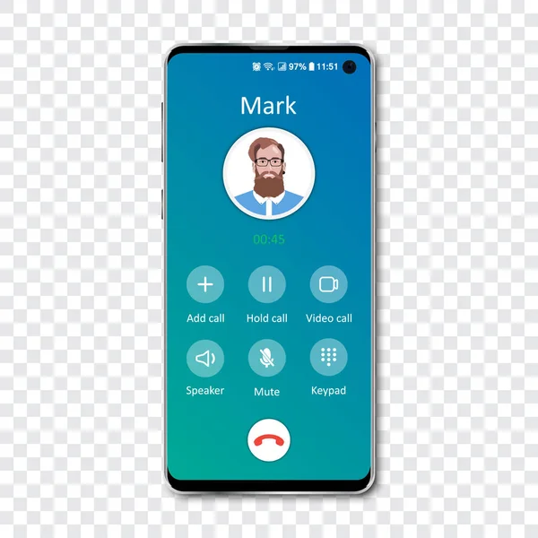 Smartphone πρότυπο interface app κλήση σε ένα διαφανές φόντο. Εισερχόμενη κλήση. Εικονογράφηση διανύσματος — Διανυσματικό Αρχείο