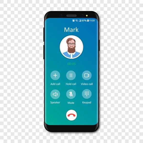Smartphone πρότυπο interface app κλήση σε ένα διαφανές φόντο. Εισερχόμενη κλήση. Εικονογράφηση διανύσματος — Διανυσματικό Αρχείο