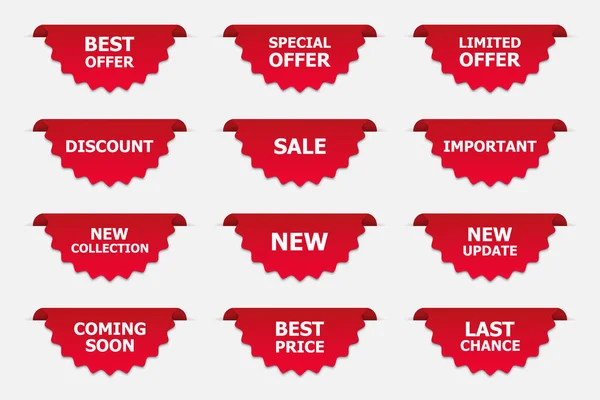 Set of labels in red isolated on white background. Banners for promotion.Vector illustration — 스톡 벡터