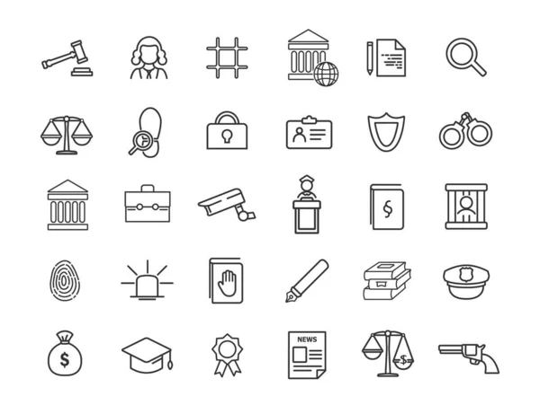 Reeks lineaire jurisprudentie iconen. Wet pictogrammen in eenvoudig ontwerp. Vectorillustratie — Stockvector