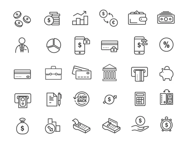 Ensemble d'icônes bancaires linéaires. Finances icônes dans un design simple. Illustration vectorielle — Image vectorielle