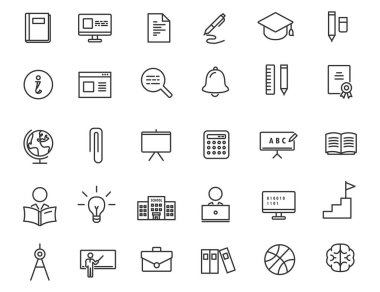 Bir dizi doğrusal eğitim ikonu. Basit tasarımlarda okul simgeleri. Vektör illüstrasyonu