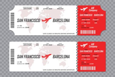 Şeffaf bir arka planda uçak bileti seti.