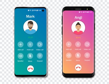 Şeffaf bir arka planda akıllı telefon arama uygulama arayüzü şablonu. Gelen çağrı konsepti. Vektör illüstrasyonu