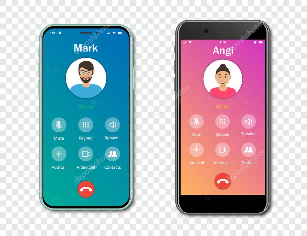 Smartphone call app interface template on a transparent background. Incoming call concept. Vector illustration