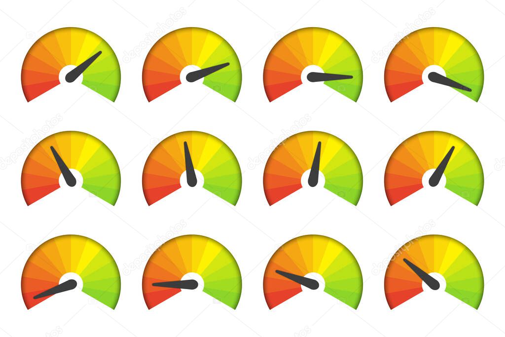 Set of measuring speedometer icons on a white background