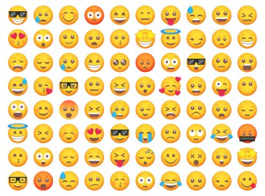 Büyük bir gülümseme ikonu seti. Çizgi film emoji seti. Vektör duygu simgesi ayarlandı