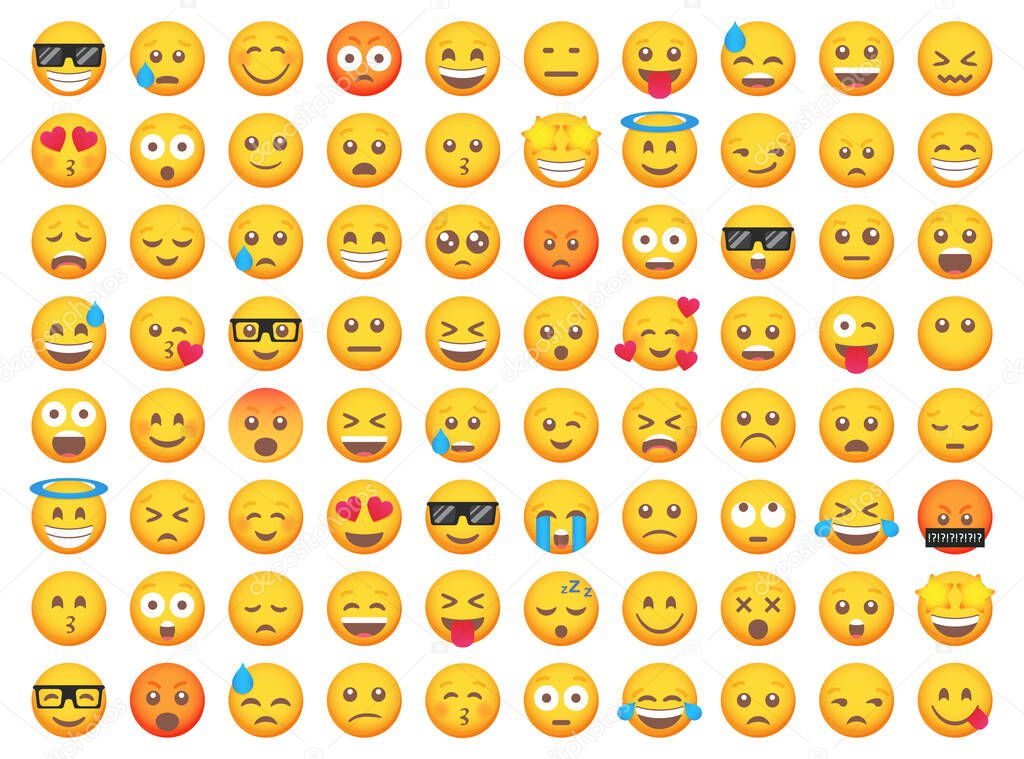 Big set of emoticon smile icons. Cartoon emoji set. Vector emoticon set