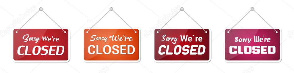 Set of sorry we're closed door sign on a transparent background
