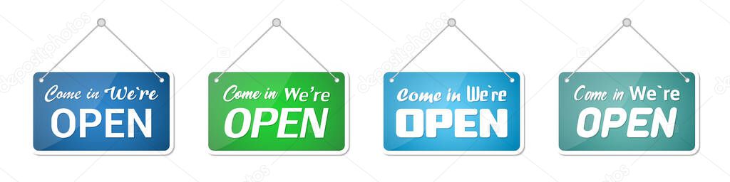 Set of come in we're open door sign on a transparent background