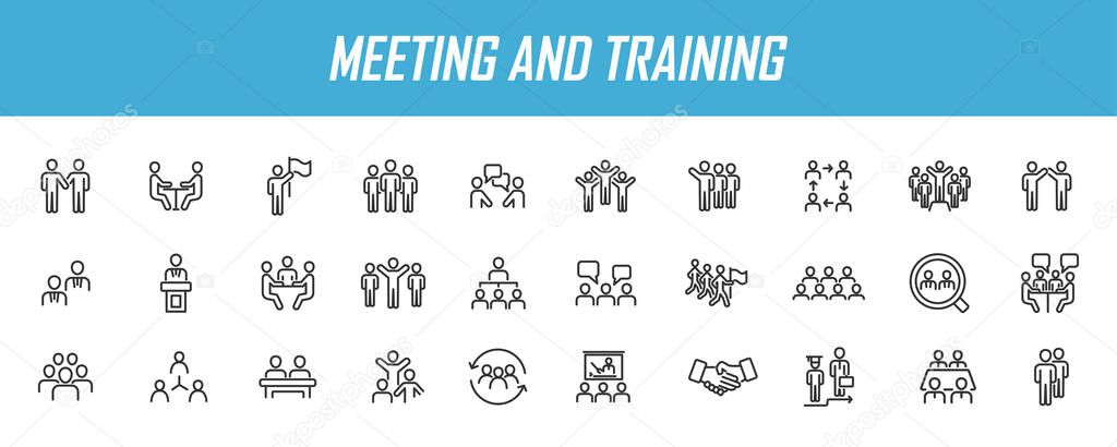 Set of linear meeting icons. Training icons in simple design. Vector illustration
