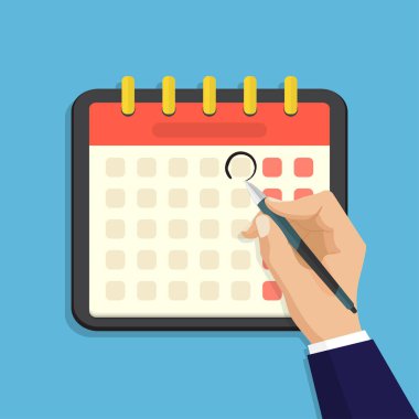 Hand with pen mark calendar date in a flat design. Date reminder in calendar