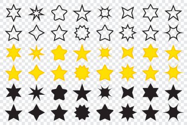 Set of star icons in different shapes. Line icons of stars. Golden star icons. Big collection of star icons. Vector star icons