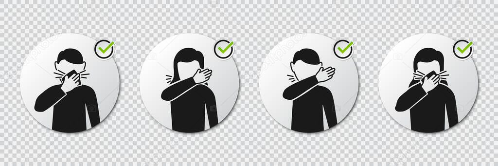 Preventive measures icons how to cough and sneeze and not spreading virus with man and woman icons