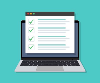 Düz dizaynlı, çevrimiçi kontrol listesi olan bir dizüstü bilgisayar