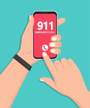 Düz dizaynlı acil durum numarası 911 olan akıllı telefonu ekranda tutun.