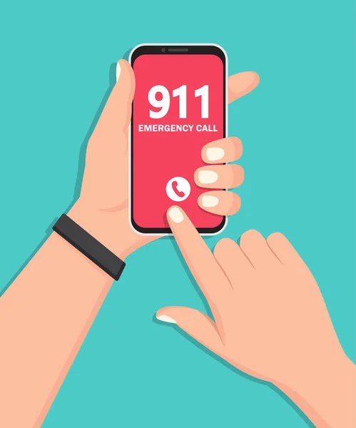 スマートフォンを手に持ち 緊急番号911をフラットデザインで画面に表示 — ストックベクタ