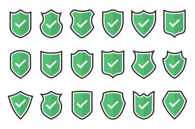 Düz dizaynlı yeşil tick kalkan simgeleri kümesi
