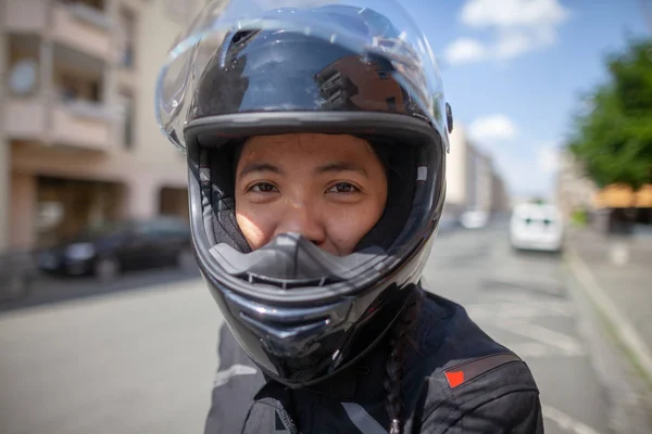 Woman Black Helmet Motorbike — Stock Photo, Image