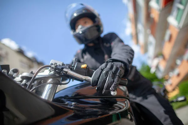 Woman Black Helmet Motorbike — Stock Photo, Image