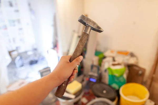 Hand Holds Hammer Construction Side — Stock Photo, Image