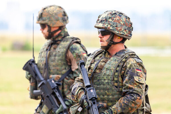 FELDKIRCHEN / GERMANY - JUNE 9, 2018: German soldier on an exercise at open day on day of the Bundeswehr in Feldkirchen