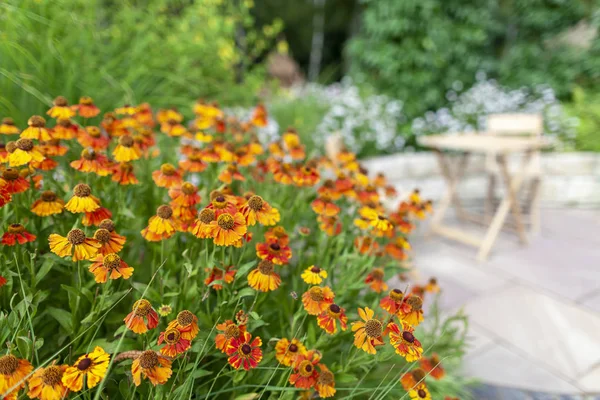 Colorful flowers with garden furniture in the background