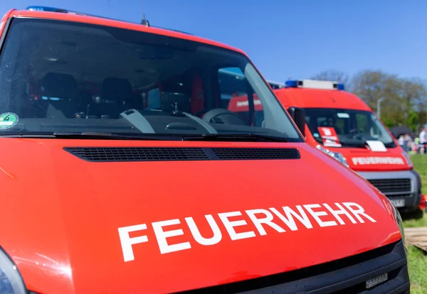 German Fire Engine Stands Deployment Site German Word Feuerwehr Means — Stock Photo, Image