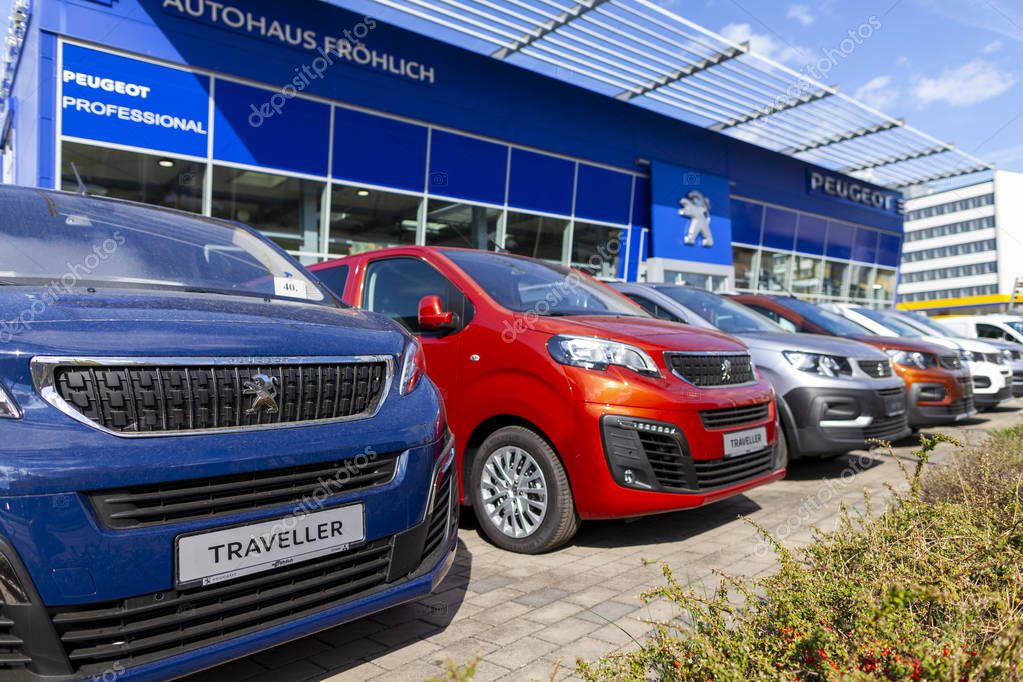 NUREMBERG / GERMANY - APRIL 7, 2019: Peugeot logo on a Peugeot car at a car dealer in Nuremberg.