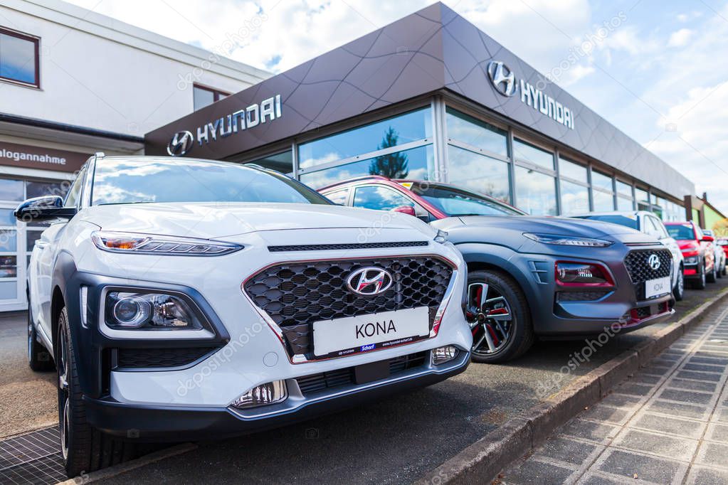 NUREMBERG / GERMANY - APRIL 7, 2019: Hyundai logo on a Hyundai car at a car dealer. The Hyundai Motor Company is a South Korean multinational automotive manufacturer headquartered in Seoul.