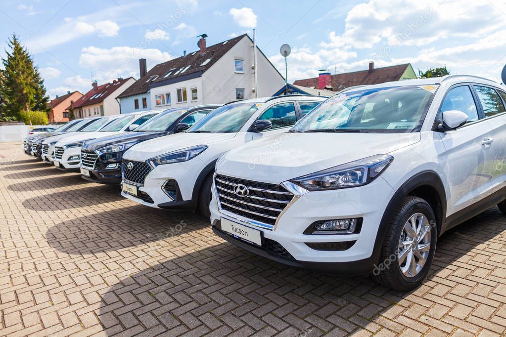 NUREMBERG / GERMANY - APRIL 7, 2019: Hyundai logo on a Hyundai car at a car dealer. The Hyundai Motor Company is a South Korean multinational automotive manufacturer headquartered in Seoul.