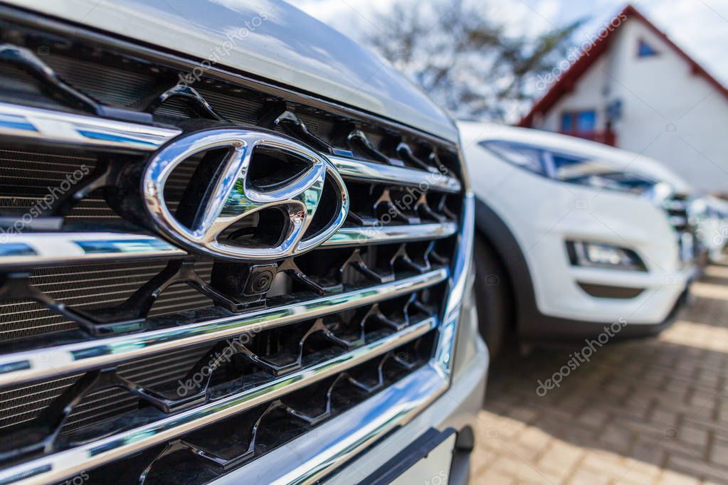 NUREMBERG / GERMANY - APRIL 7, 2019: Hyundai logo on a Hyundai car at a car dealer. The Hyundai Motor Company is a South Korean multinational automotive manufacturer headquartered in Seoul.