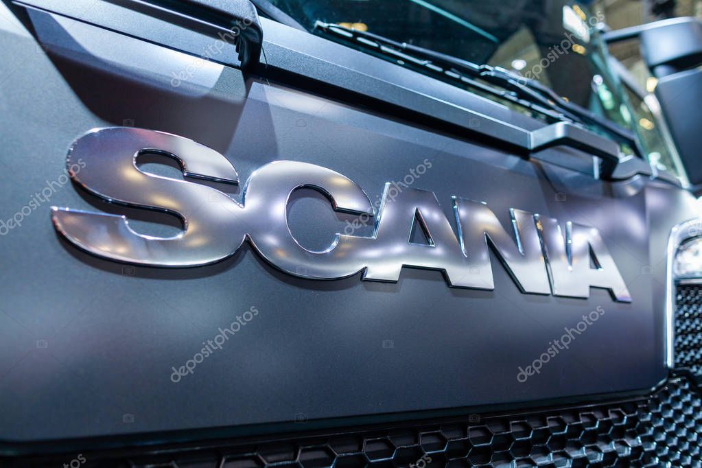 MUNICH / GERMANY - APRIL 14, 2019: Scania branch on a Scania truck. Scania AB is a major Swedish manufacturer of commercial vehicles - specifically heavy trucks and buses.