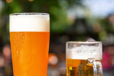 Bir buğday birası ve bir pils birbira bahçesinde bir masanın üzerinde duruyor