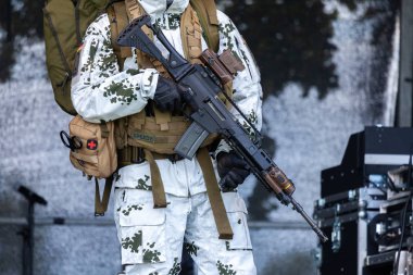 Augustdorf / Almanya - 15 Haziran 2019: Kar kamuflajı kıyafetli Alman dağ polisi Bundeswehr 2019 Günü'nde sahnede yürüyor.