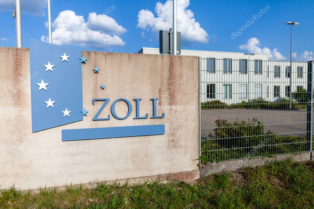 NUREMBERG / GERMANY - AUGUST 4, 2019: Custom logo from european customhouse on a wall in Nuremberg.