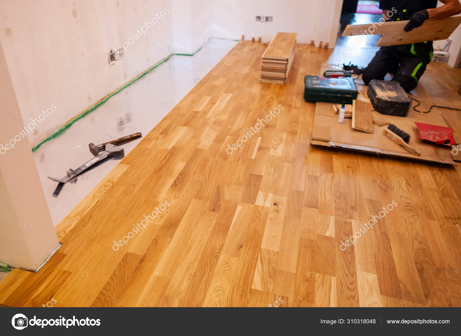 Installing Parquet Floor House Room Stock Photo