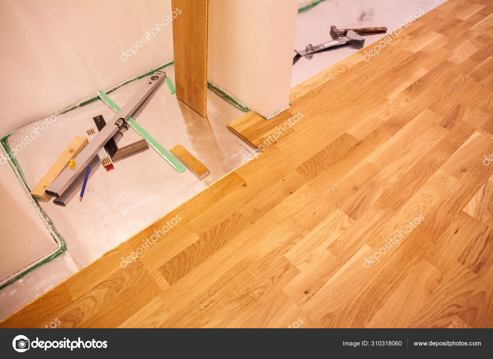 Installing Parquet Floor House Room Stock Photo