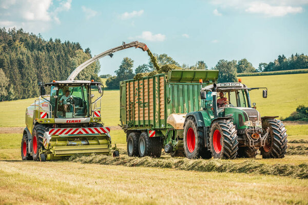 BAVARIA / GERMANY - AUGUST 07,2020: Claas Jaguar 930 harvester and a Fendt 926 with a Krone ZX400GL trailer works on a field.