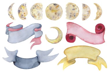 Suluboya şeritler ve ay evreleri el çekilmiş banner tebrik kartları için ayarla