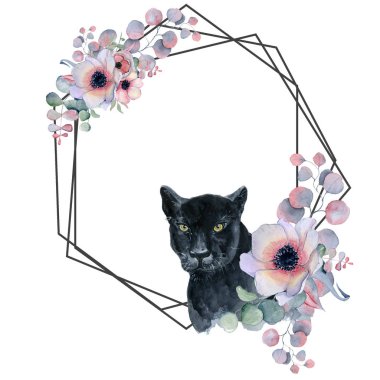 Geometrik botanik tasarım çerçeve. Vahşi panter, çiçek, yaprak ve otlar.