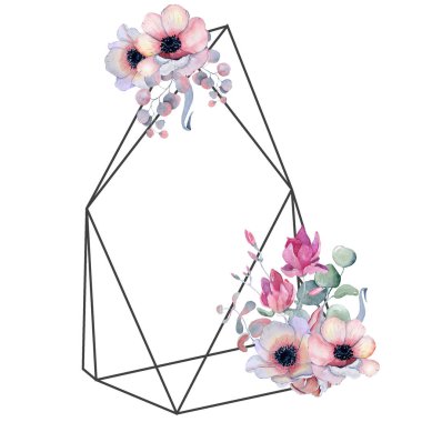 Geometrik botanik tasarım çerçeve. Kır çiçekleri, peonies, anemon çiçeği, yaprakları ve otlar.