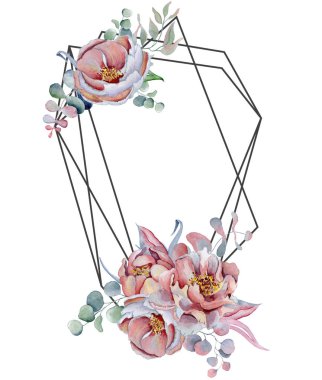 Geometrik botanik tasarım çerçeve. Kır çiçekleri, peonies, anemon çiçeği, yaprakları ve otlar.