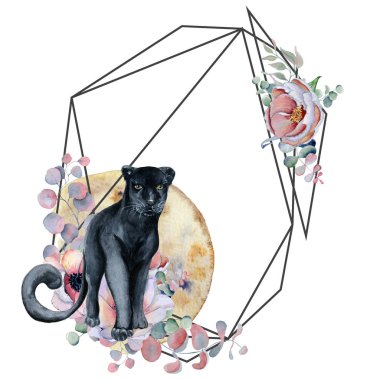 Geometrik botanik tasarım çerçeve. Vahşi panter, moons, çiçek, yaprak ve otlar.