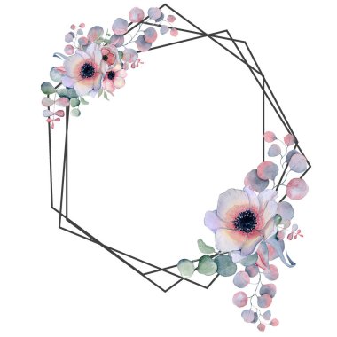 Geometrik botanik tasarım çerçeve. Kır çiçekleri, peonies, anemon çiçeği, yaprakları ve otlar.